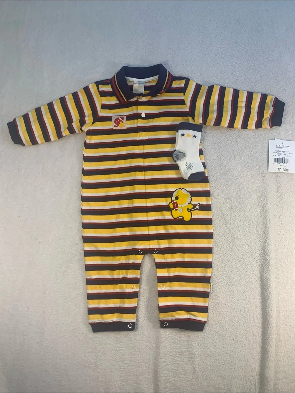 NWT Little Me Boys 9 Month One-Piece Romper + Socks Cotton Knit